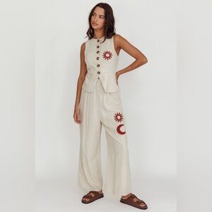 INDI LUXE Swing Of Things Sun Sleeveless Buttoned Vest Wide Leg Pants Oat Large